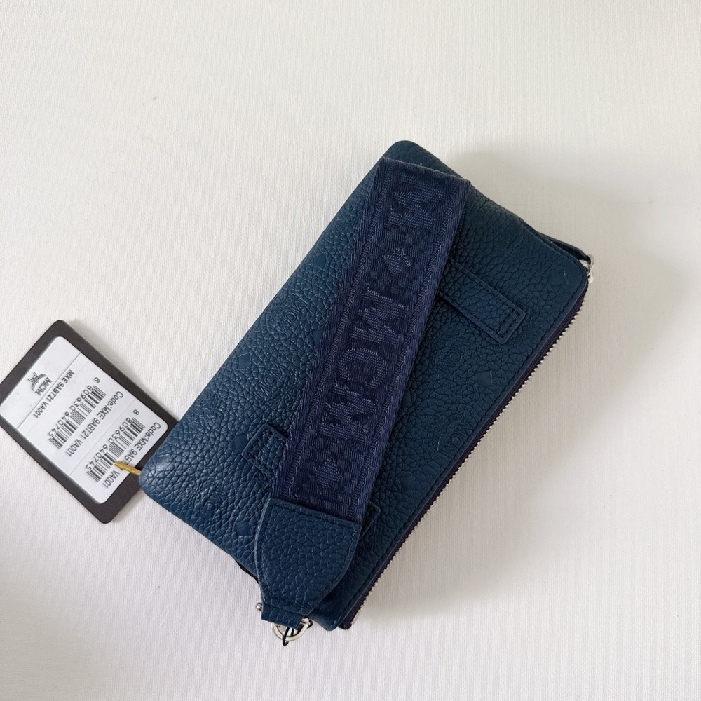 MCM Navy Blue Leather Wristlet with Logo Webbing Strap - Picture 4 of 7